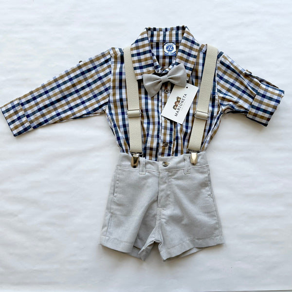 Conjunto cuatro piezas camisa a cuadros y short, tirantes y moño en beige para niño | mexicano