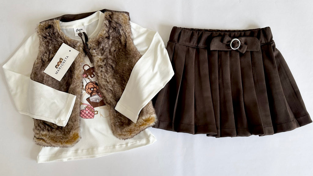 ❤️ Conjunto tres piezas falda de tablones cafe chaleco de pelo y