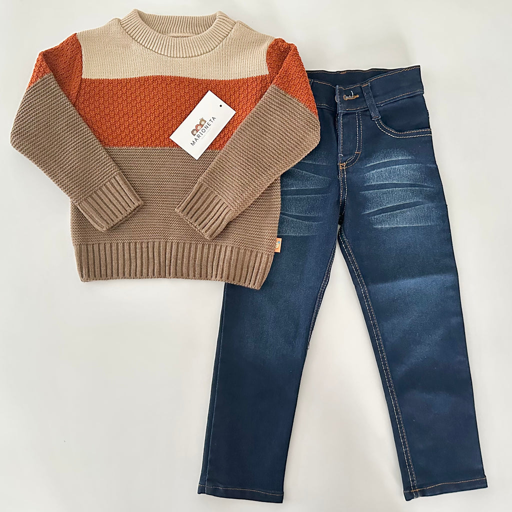 Conjunto dos piezas sueter cafe con franjas y pantalon mezclilla para niño | mexicano