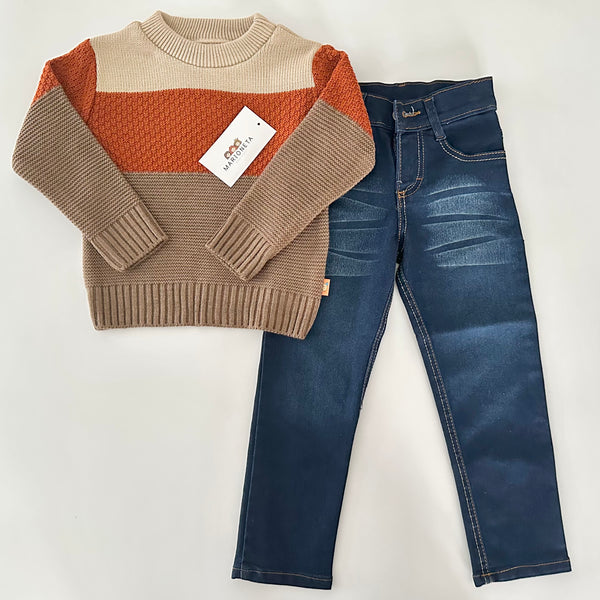 Conjunto dos piezas sueter cafe con franjas y pantalon mezclilla para niño | mexicano