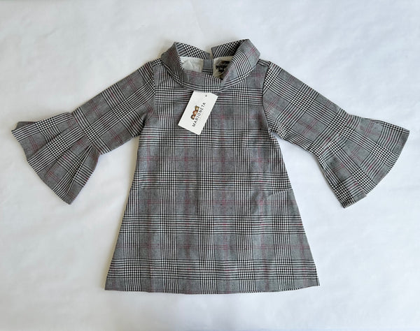 Vestido cuadros gris con tinto con adorno de pompon al frente para niña | Dadati