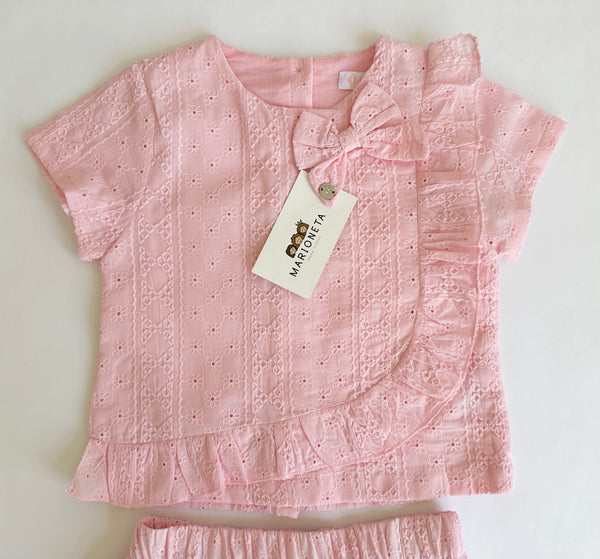 Conjunto dos piezas falda de olanes y blusa rosa para niña | mexicano