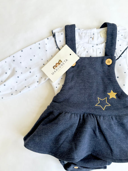 Jumper marino y blusa blanca con estampado de estrellas marino y volante al cuello para bebe niña | Dadati