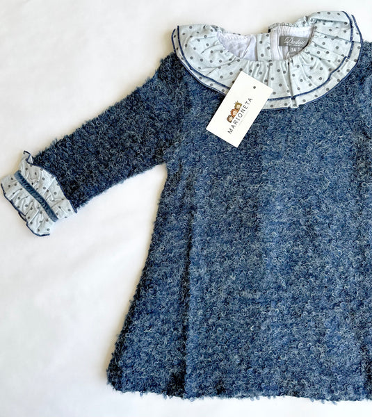 Vestido marino con volante al cuello color blanco con puntos para bebe niña | Dadati