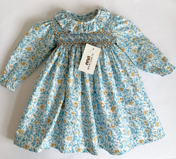 Vestido bordado azul hecho a mano con estampado de flores amarillas manga larga  para niña|