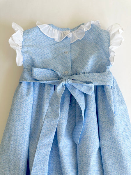 Vestido bordado hecho a mano color azul con detalle de olan color blanco en el cuello y mangas para niña | CARPI