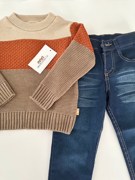 Conjunto dos piezas sueter cafe con franjas y pantalon mezclilla para niño | mexicano