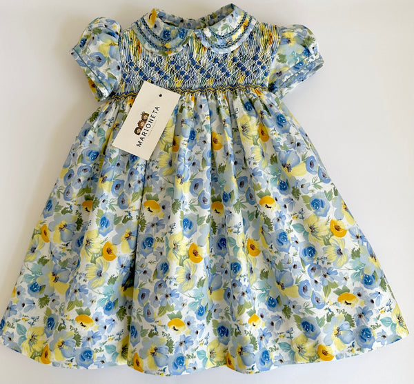 Vestido bordado con flores color azul con amarillo para niña marca CARPI
