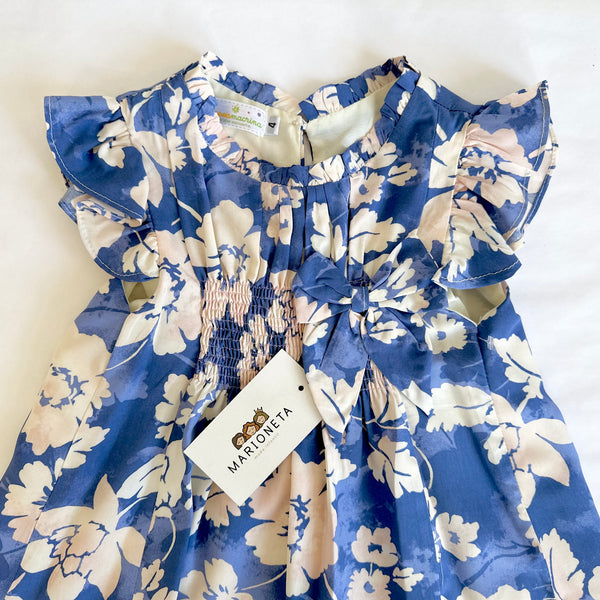 Vestido estampado color azul rey con ivory y lazo al frente para niña | MARCA MEXICANA