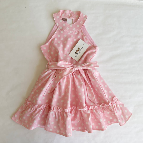 Vestido rosa con topos blancos y olán abajo para niña | mexicano