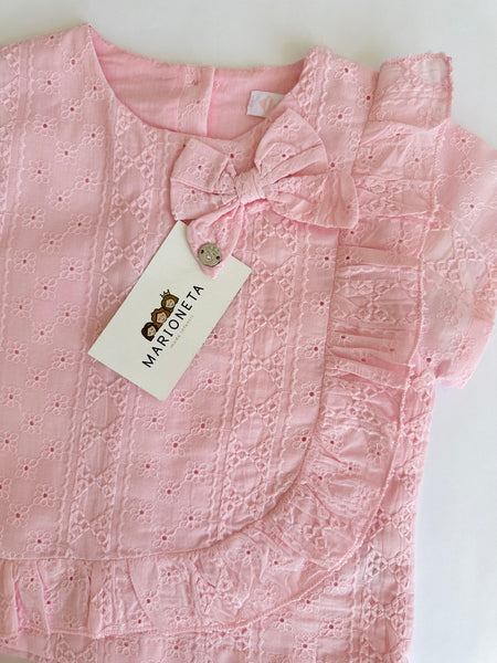 Conjunto dos piezas falda de olanes y blusa rosa para niña | mexicano