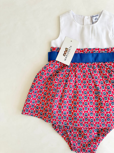 Vestido combinado blanco y estampado de flores azul rey y rojo para bebe niña | Newness