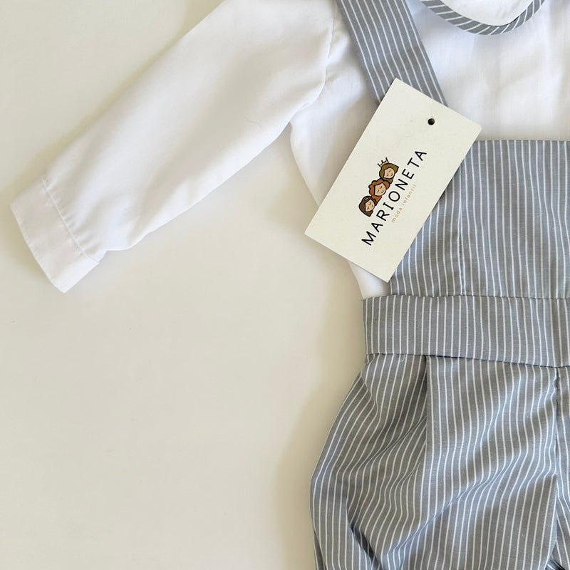 Pañalero gris con rayas blancas y camisa blanca con vivos gris para bebe niño |