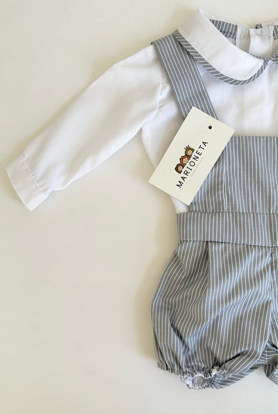 Pañalero gris con rayas blancas y camisa blanca con vivos gris para bebe niño |