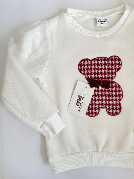 Conjunto dos piezas sudadera ivory con estampado de oso y falda vichi en roja para niña