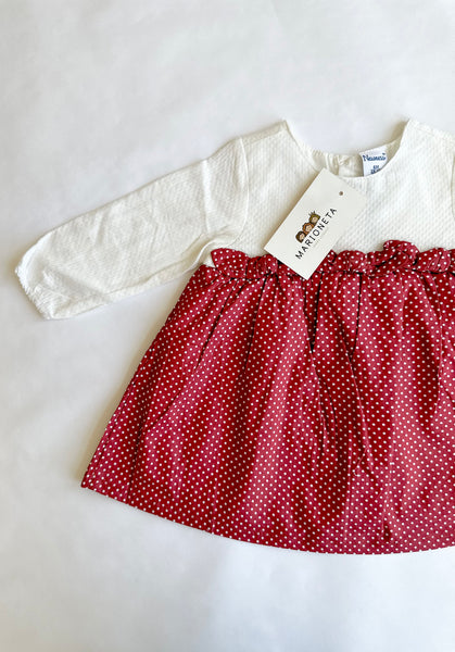 Vestido dos colores rojo y blanco manga larga para bebe niña | newness