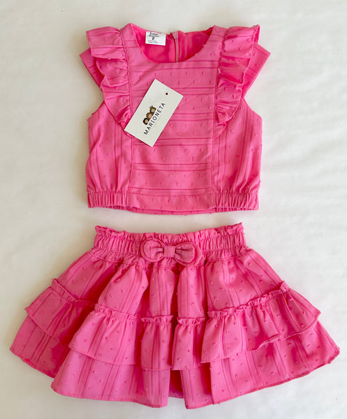 Conjunto dos piezas blusa rosa con detalle de olan y falda de olanes para niña. | mexicana.