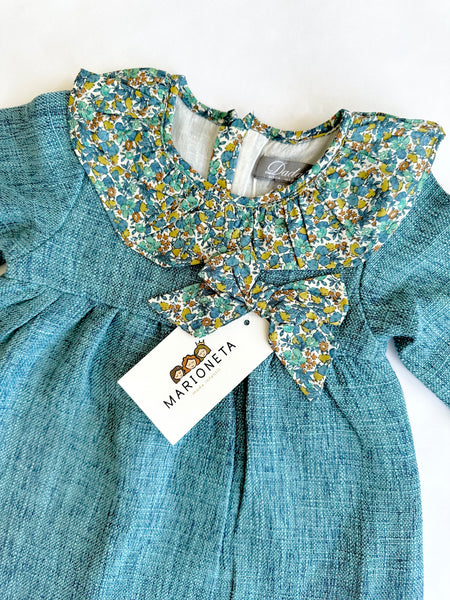 Vestido color azul petroleo con olan  estampado en el cuello para niña | Dadati