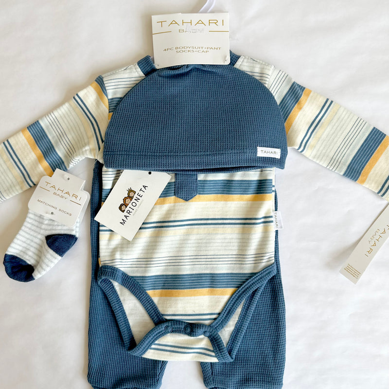 Conjunto cuatro piezas pañalero azul  a rayas pantalon gorra y calcetin azul para bebe Niño