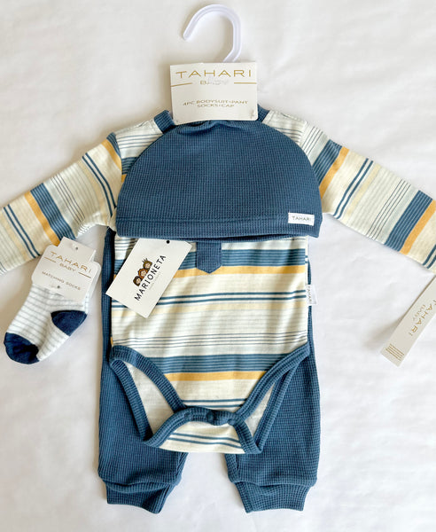 Conjunto cuatro piezas pañalero azul  a rayas pantalon gorra y calcetin azul para bebe Niño