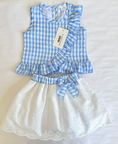 Conjunto dos piezas blusa azul de cuadros y falda blanca con cinto al color de la blusa para niña | MARCA MEXICANA