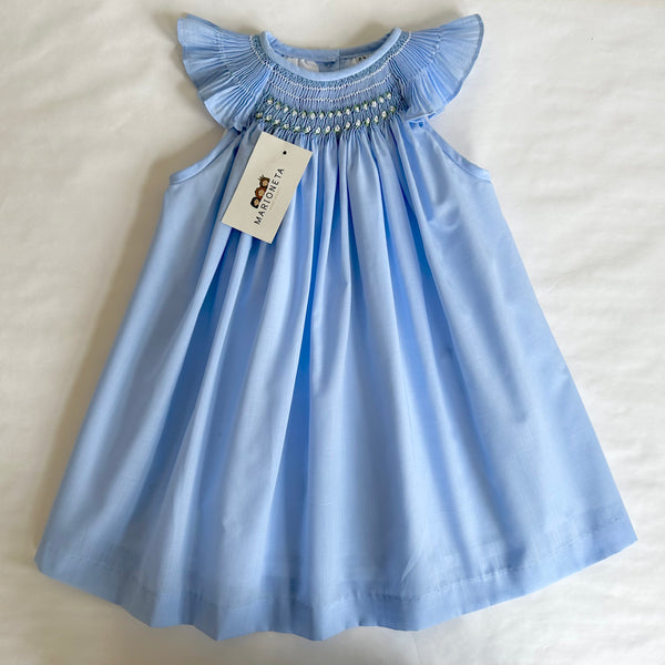 Vestido jesucito hecho a mano color azul con bordado blanco  para niña | CARPI