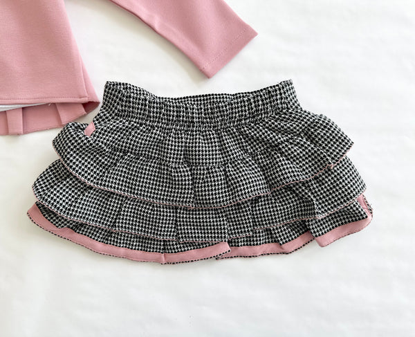 Conjunto tres piezas falda gallo, chaqueta rosa playera blanca para niña | mexicano lo