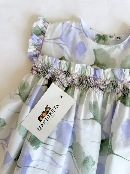 Vestido bordado hecho a mano ivory con flores lila y Verde para niña | CARPI