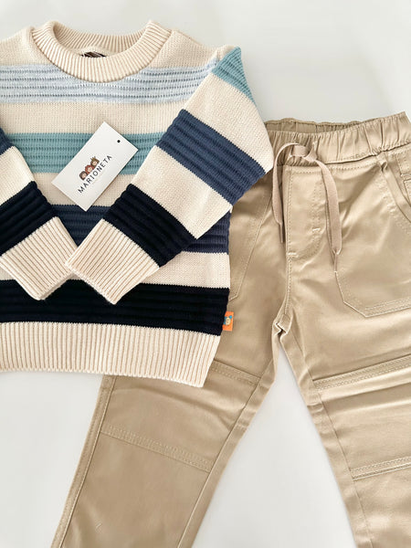 Conjunto dos piezas sueter gris o beige a rayas con pantalon para niño | mexicano