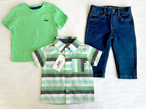 Conjunto tres piezas camisa a rayas verde, playera verde y paantalon de mezclilla para niño |