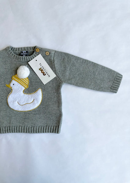 Sueter gris con adorno de patito y pompom al frente para bebe niño | Dadati lo