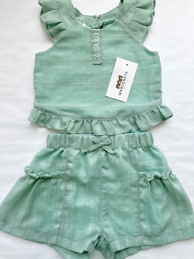Conjunto dos piezas blusa y short color verde menta para niña Mexicano