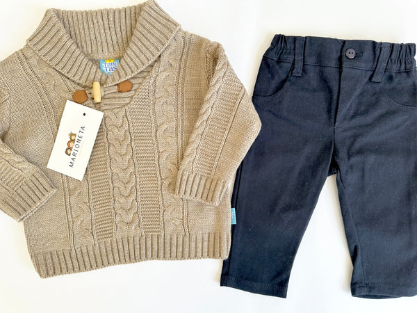 Conjunto dos piezas sueter cafe y pantalon marino para bebe niño |