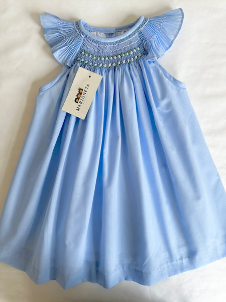 Vestido jesucito hecho a mano color azul con bordado blanco  para niña | CARPI