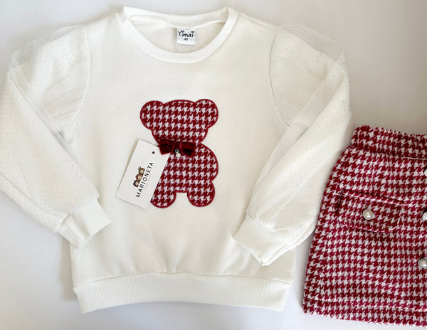 Conjunto dos piezas sudadera ivory con estampado de oso y falda vichi en roja para niña