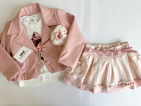 Conjunto tres piezas chamarra rosita vini piel falda a rayas y blusa ivory para niña |