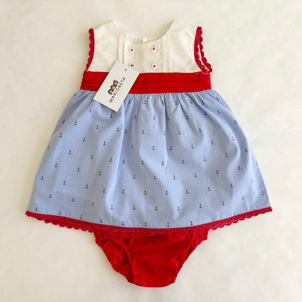 Vestido blanco con azul estampado con fajo color rojo y braguita para bebe niña | Newness