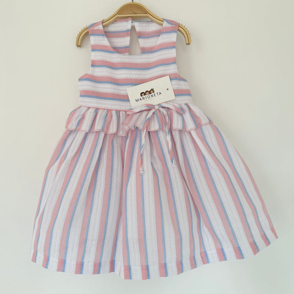 Vestido de rayas color rosa con blanco y azul con detalle de olan en la cintura para niña | MARCA MEXICANA