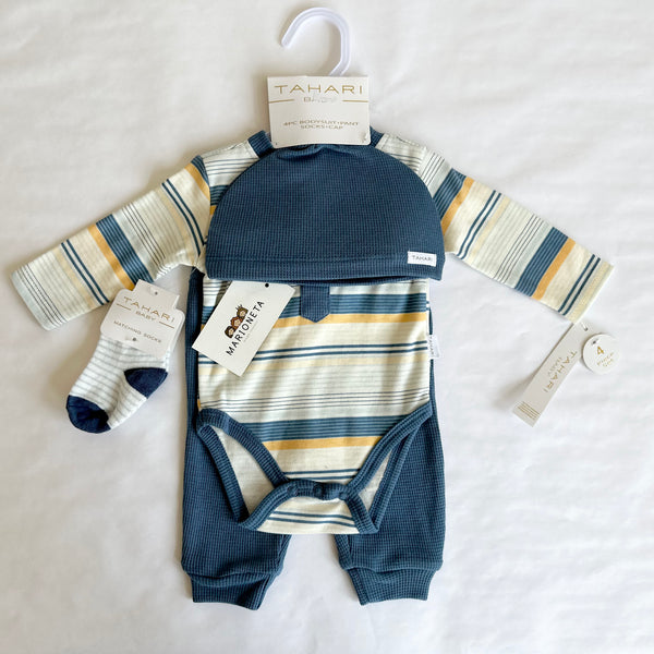 Conjunto cuatro piezas pañalero azul  a rayas pantalon gorra y calcetin azul para bebe Niño