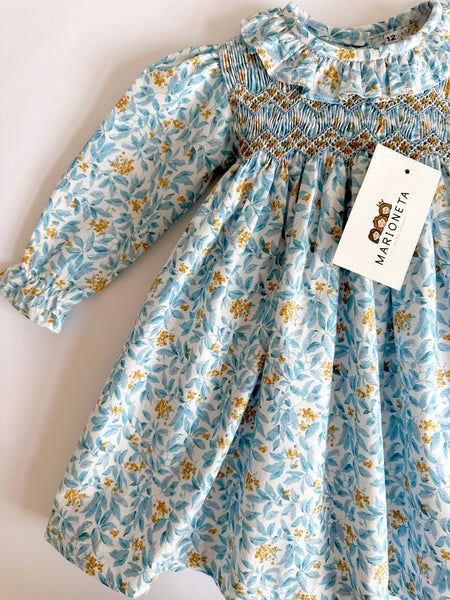 Vestido bordado azul hecho a mano con estampado de flores amarillas manga larga  para niña|