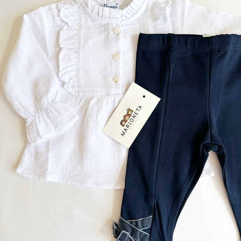 Conjunto dos piezas pantalon marino con detalles de moños de terciopelo y bluda blanca para bebe niña - Newness lo Ku