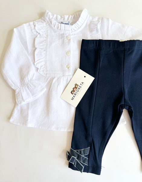 Conjunto dos piezas pantalon marino con detalles de moños de terciopelo y bluda blanca para bebe niña - Newness lo Ku