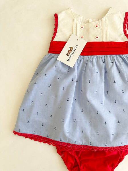 Vestido blanco con azul estampado con fajo color rojo y braguita para bebe niña | Newness