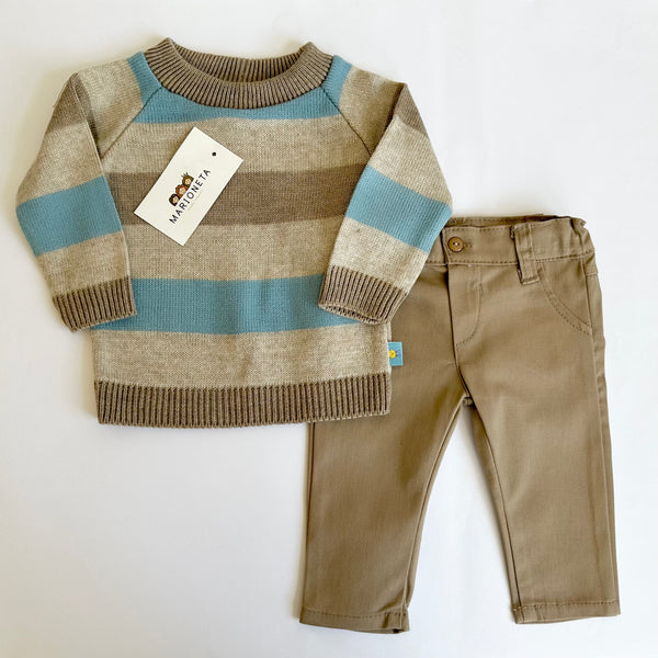 Conjunto dos piezas sueter a rayas azul con caqui y pantalón  caqui para bebe niño | mexicano