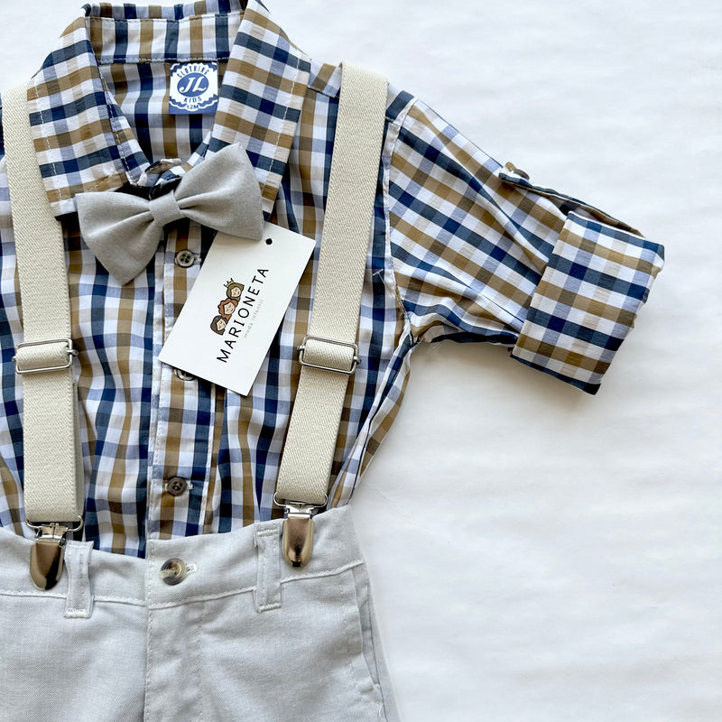 Conjunto cuatro piezas camisa a cuadros y short, tirantes y moño en beige para niño | mexicano