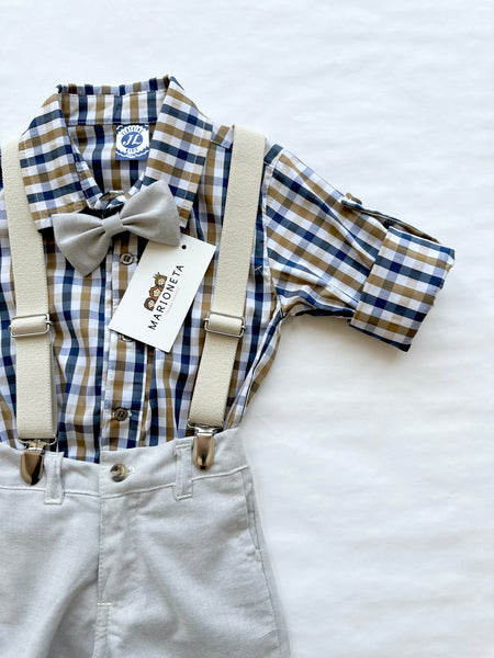 Conjunto cuatro piezas camisa a cuadros y short, tirantes y moño en beige para niño | mexicano