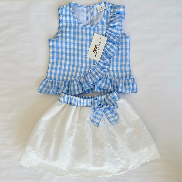 Conjunto dos piezas blusa azul de cuadros y falda blanca con cinto al color de la blusa para niña | MARCA MEXICANA