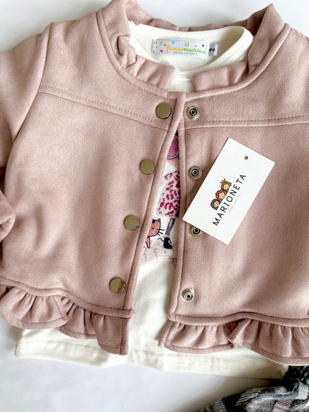 Conjunto tres piezas falda cuadros chaqueta con borrega rosa y playera ivory para niña | Mexicana lo lo