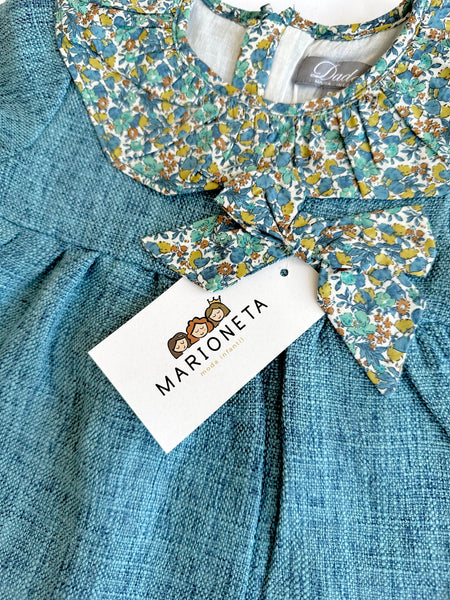 Vestido color azul petroleo con olan  estampado en el cuello para niña | Dadati