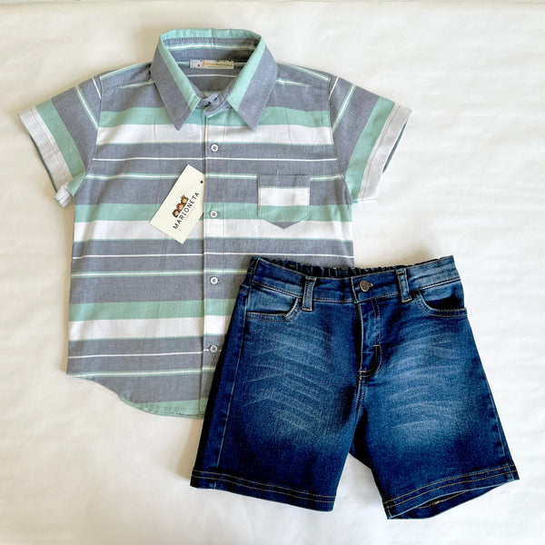 Conjunto dos piezas camisa o pañalero verde a rayas y short de mezclilla para niño | MARCA MEXICANA